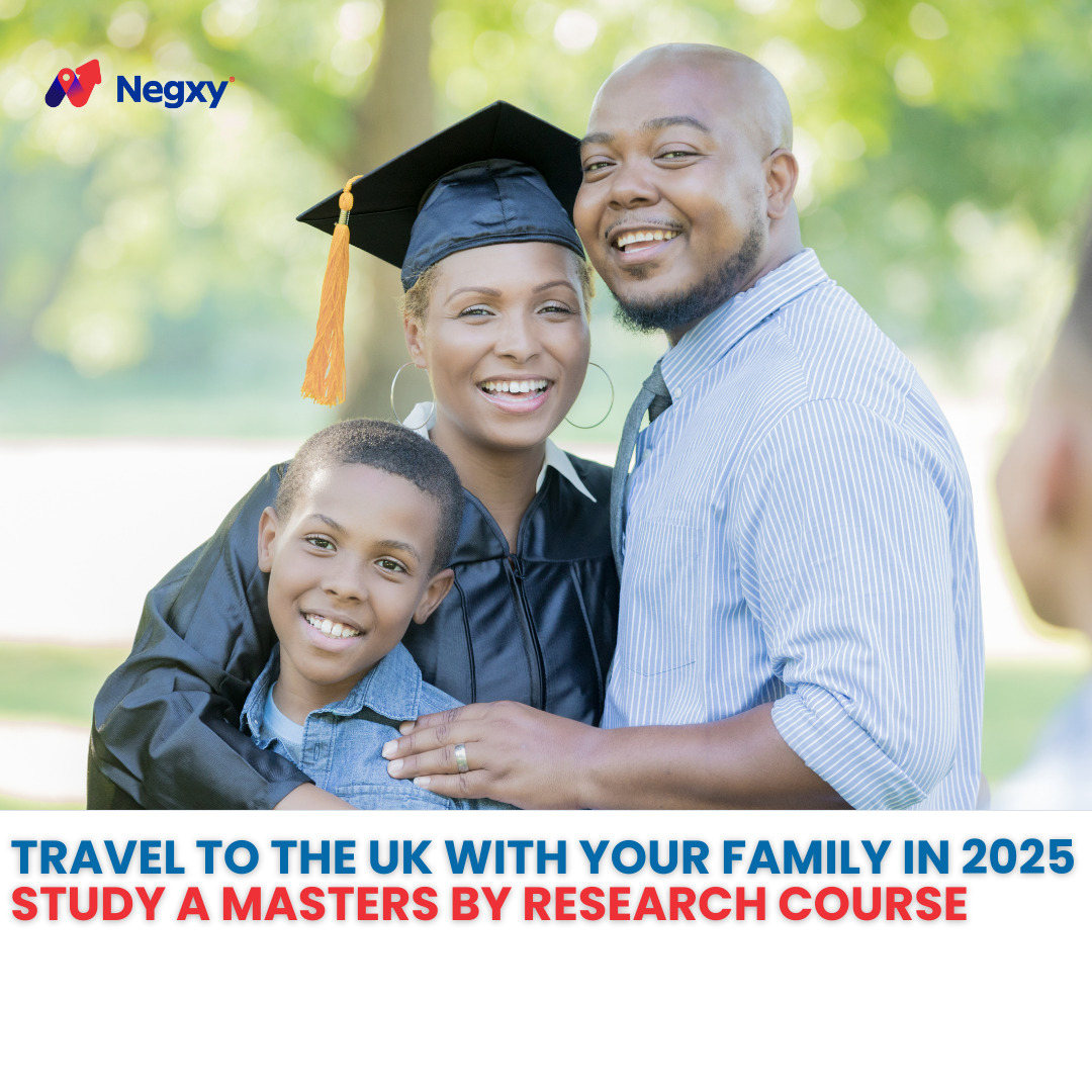A flyer with picture of a black family, and the text on it reads ' Travel to the UK with your Family in 2025 - Study a Masters by Research Course'